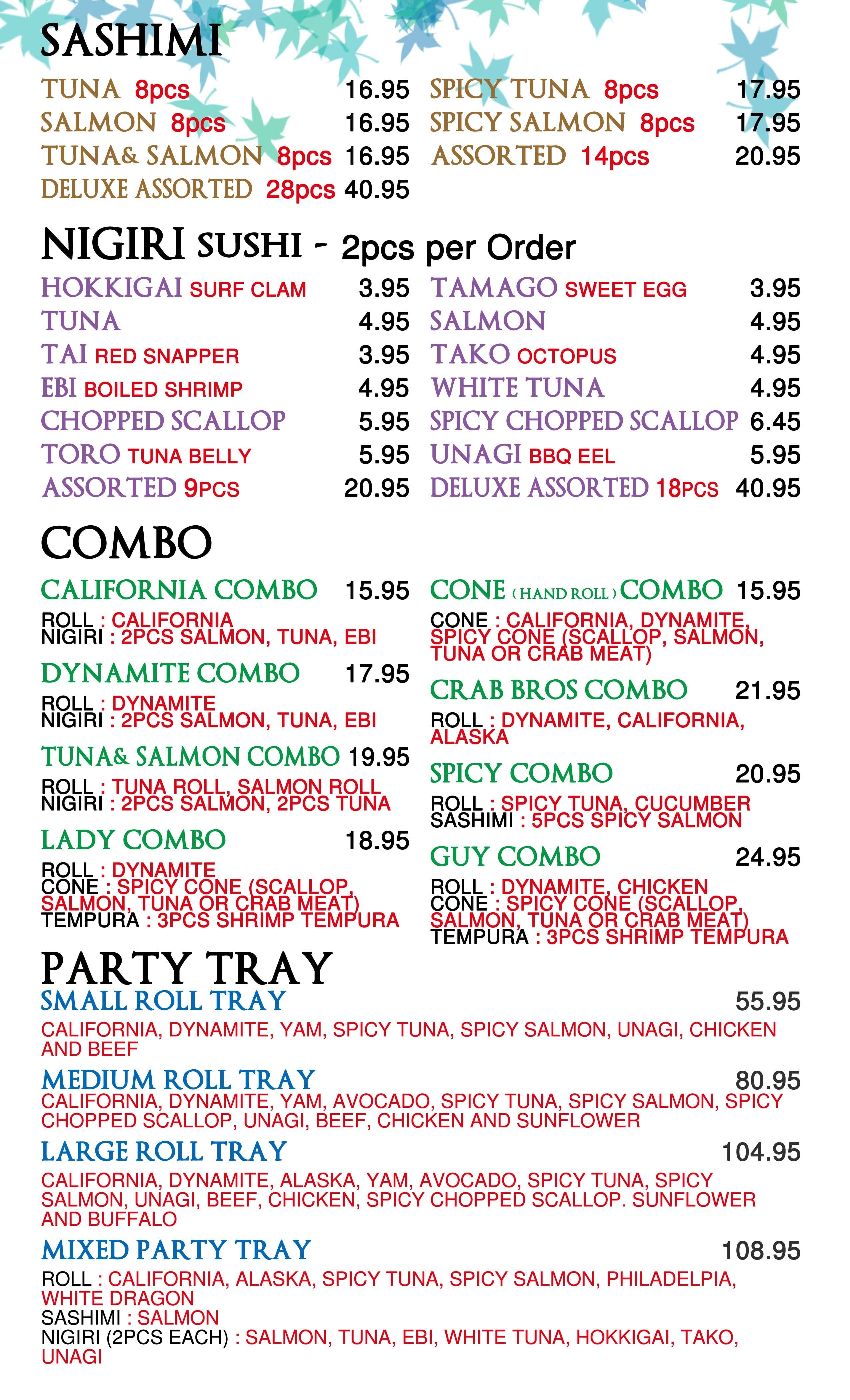 Menu at Kazoku Restaurant, Winnipeg, 302579 Pembina Hwy