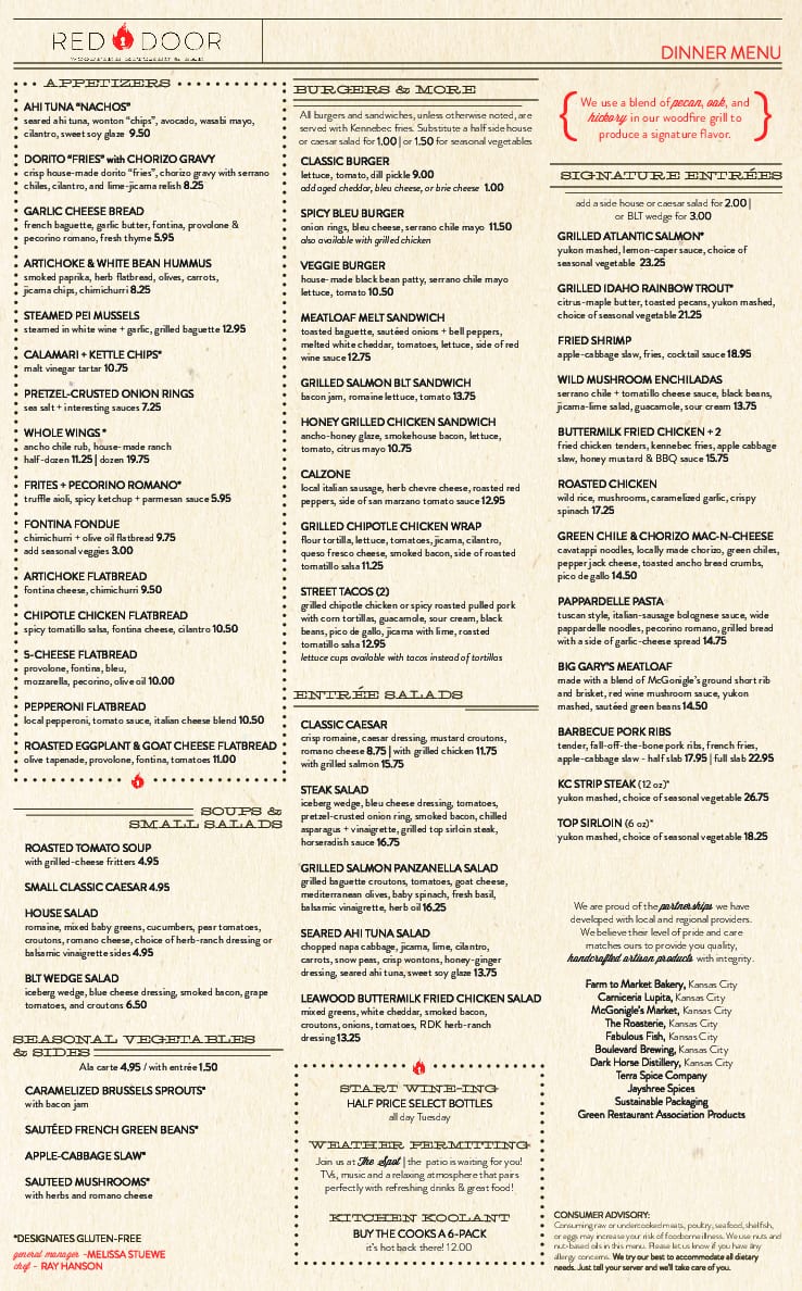 Menu at Red Door Woodfired Grill pub & bar, Overland Park, W 159th St