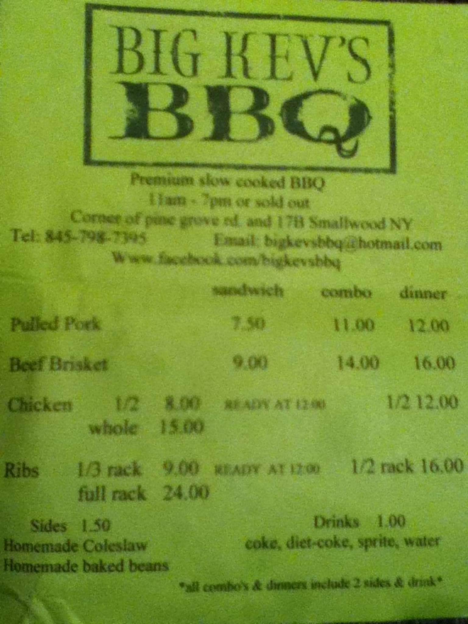 Big Kev's BBQ Menu, Menu for Big Kev's BBQ, White Lake, Middletown