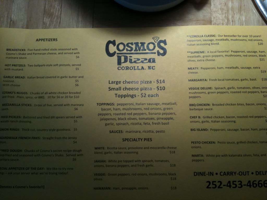 Cosmo's Pizzeria Menu, Menu for Cosmo's Pizzeria, Corolla, Corolla