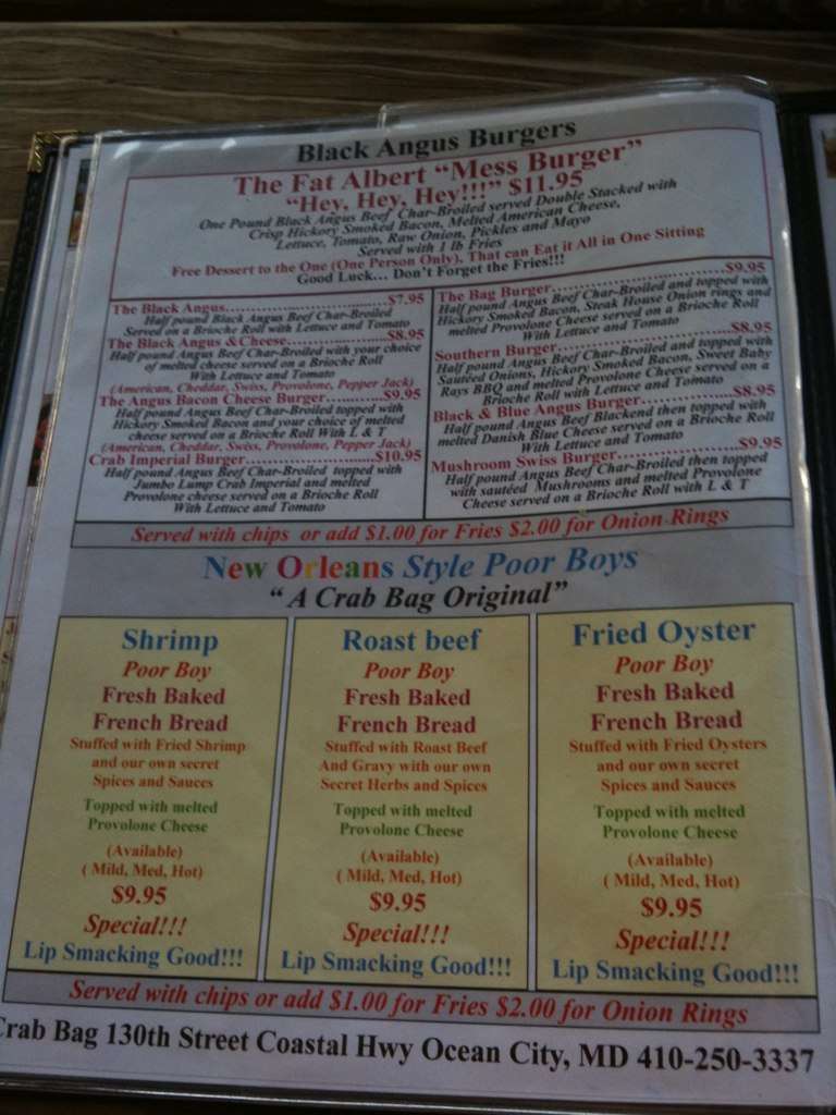 Menu at Crab Bag BBQ, Ocean City
