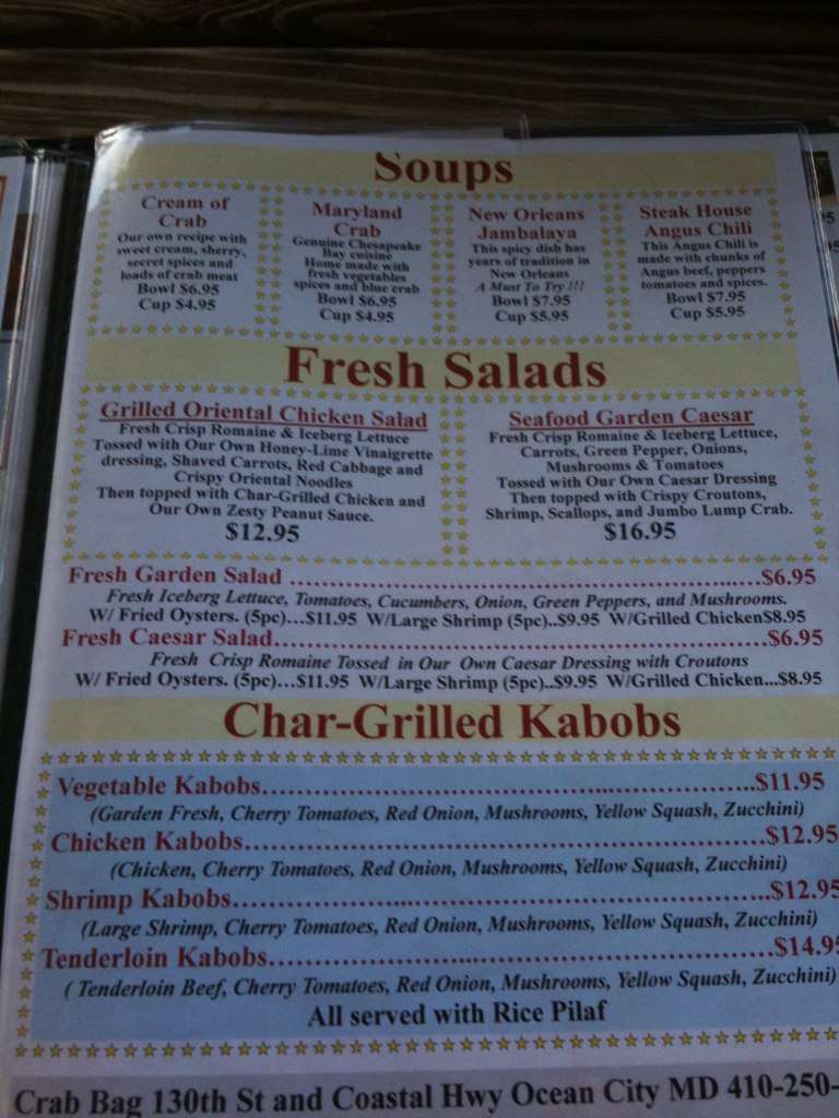 Menu at Crab Bag BBQ, Ocean City