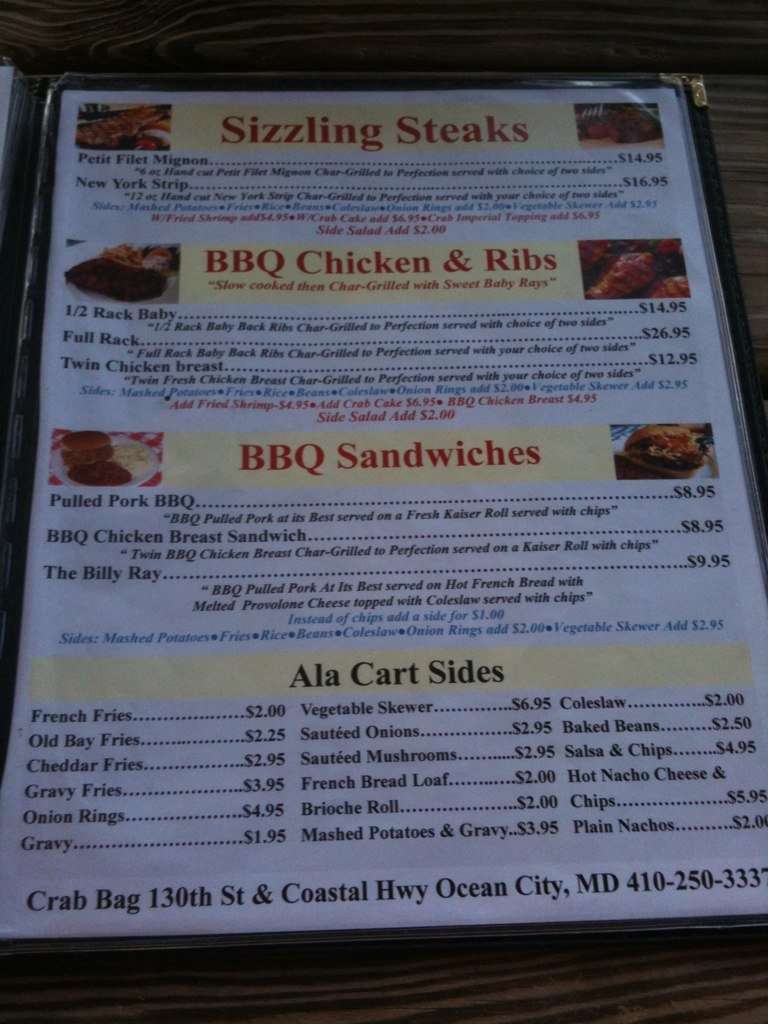 Menu at Crab Bag BBQ, Ocean City