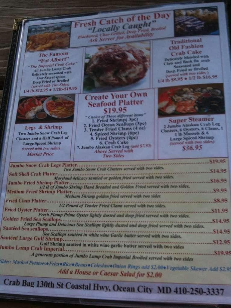 Menu at Crab Bag BBQ, Ocean City