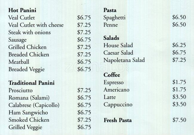 Pronto Panini menu