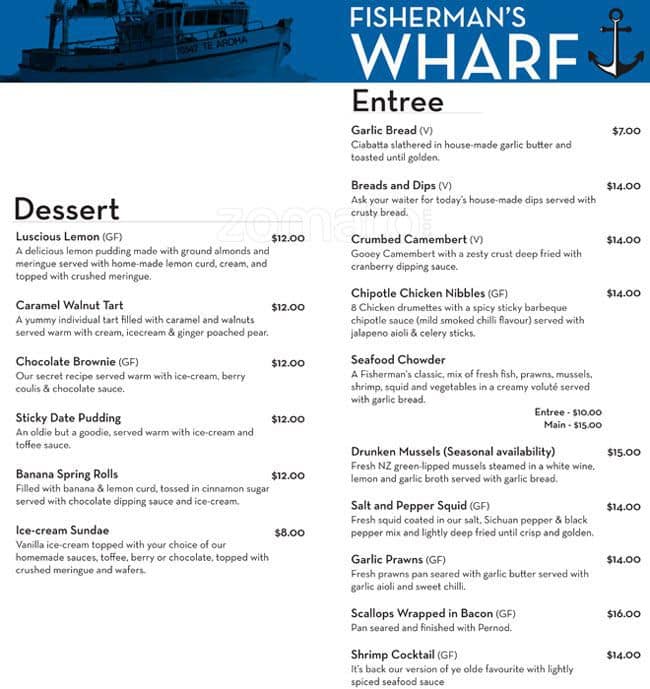 Menu at Fisherman's Wharf restaurant, Lyttelton