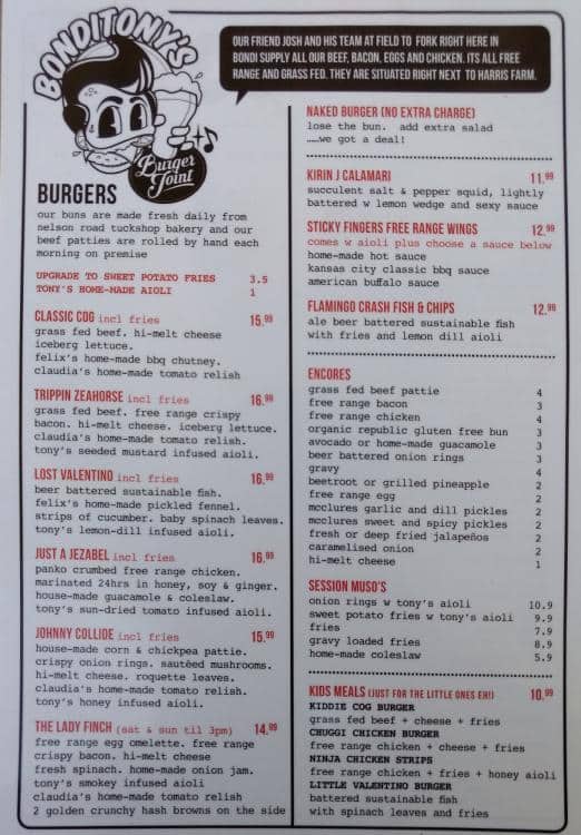 Bonditony's Burger Joint Menu Urbanspoon/Zomato
