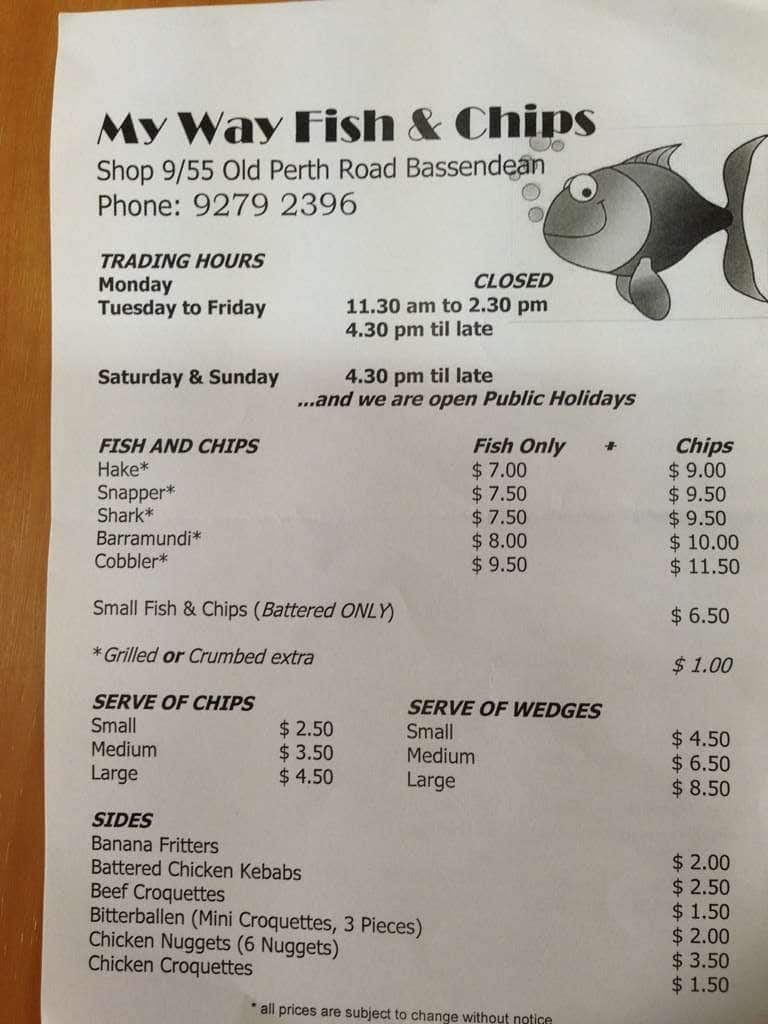 My Way Fish & Chips Menu, Menu for My Way Fish & Chips, Bassendean, Perth Urbanspoon/Zomato
