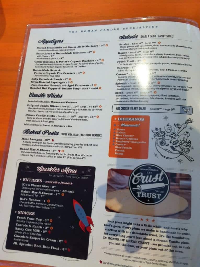 Roman Candle Pizza Menu, Menu for Roman Candle Pizza, Milwaukee River Parkway, Milwaukee