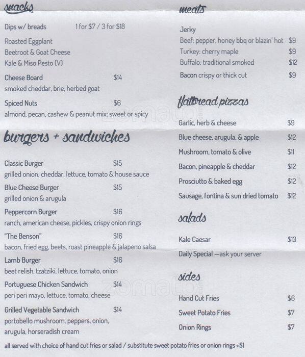 Benson's menu, Menu restauracji Benson's, Lower East Side, New York