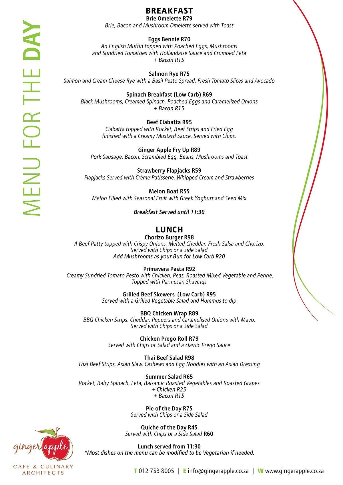 Menu at Ginger Apple Cafe, Pretoria