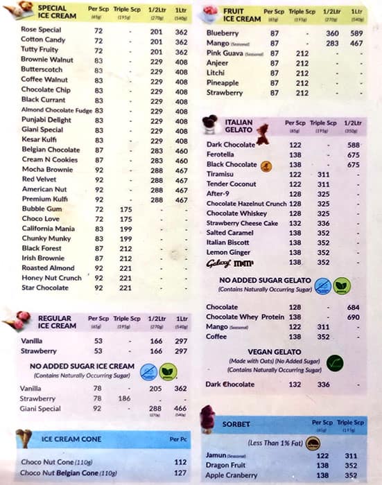 Menu of Giani, Koramangala 5th Block, Bangalore