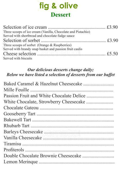 Menu at Fig & Olive restaurant, London, 151 Upper St