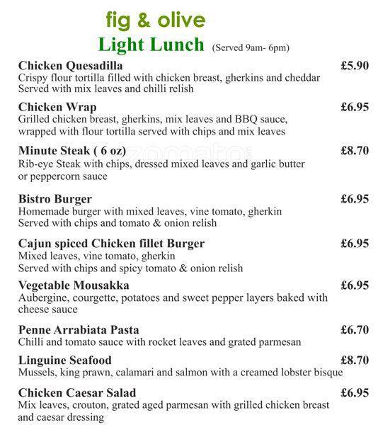 Menu at Fig & Olive restaurant, London, 151 Upper St