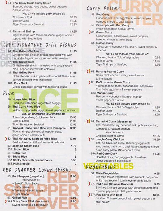 Carta de Coco Rice Thai Cuisine