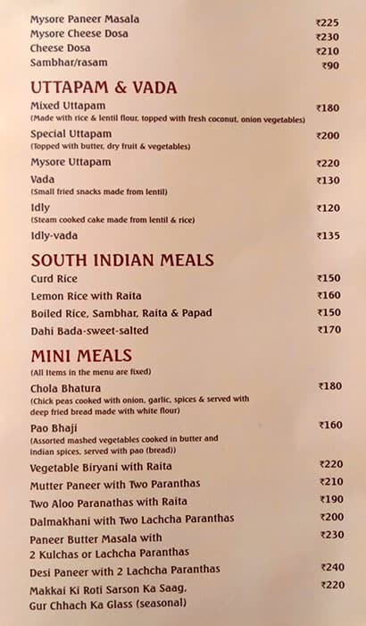 Surya Mahal Restaurant menu