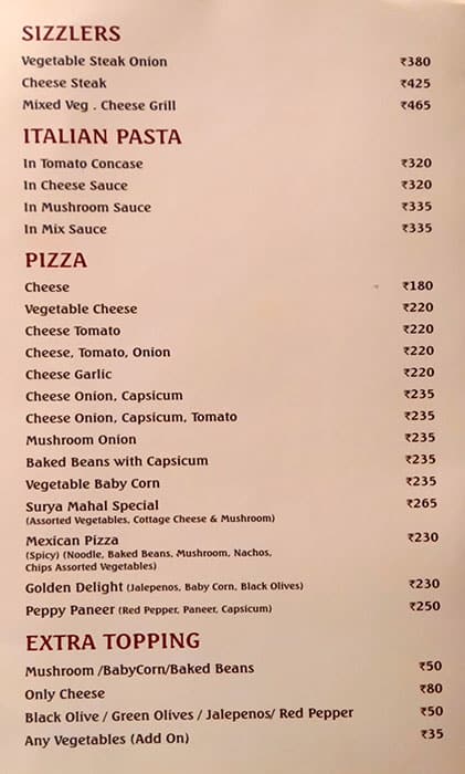 Surya Mahal Restaurant menu