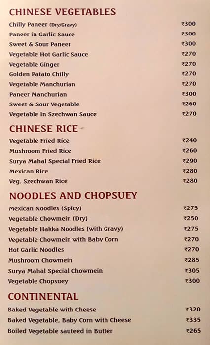 Surya Mahal Restaurant menu