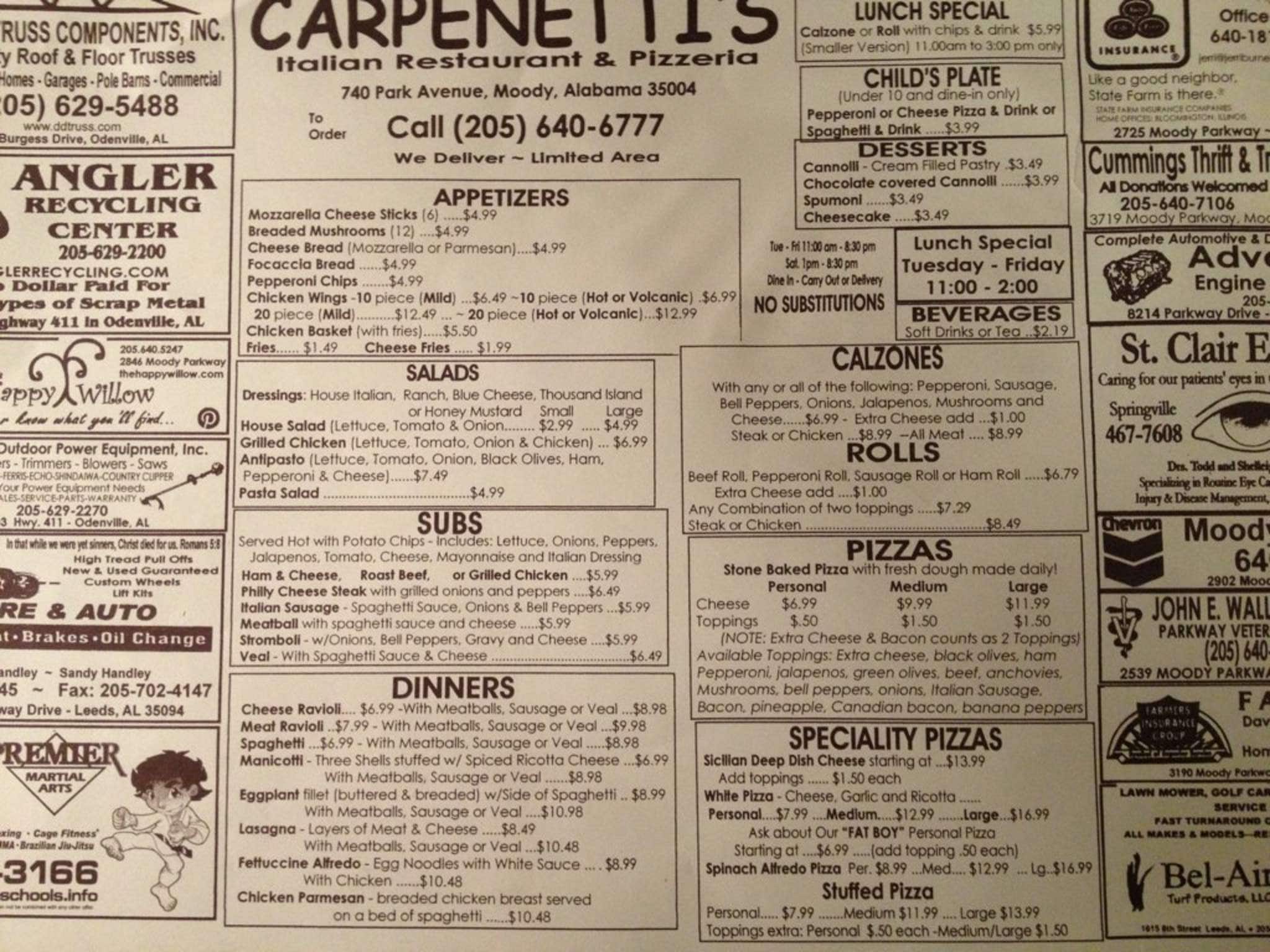 Menu at Pizza restaurant, Moody