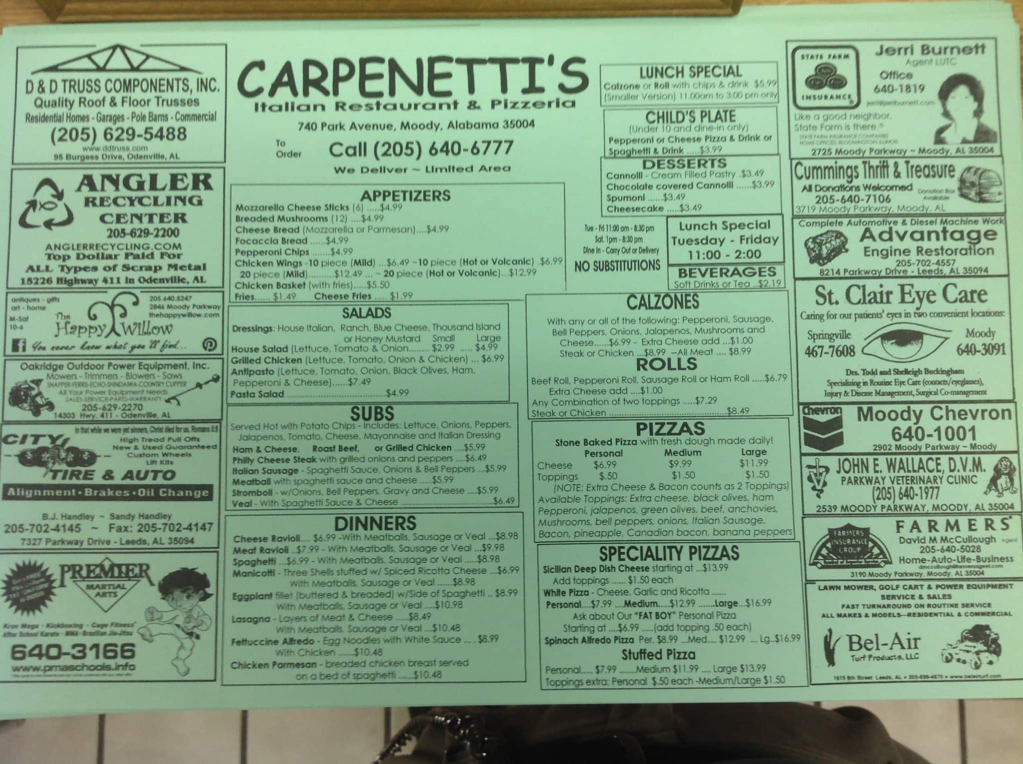 Menu at Pizza restaurant, Moody