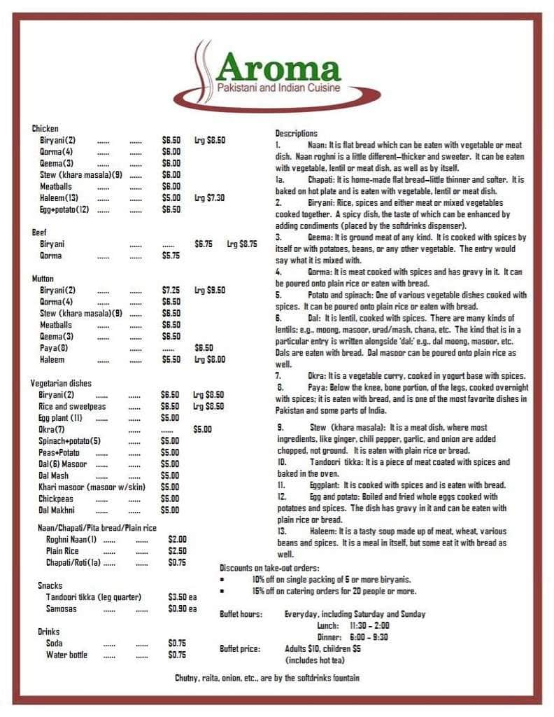  Aroma Menu  Menu  for Aroma  Bentonville Northwest 