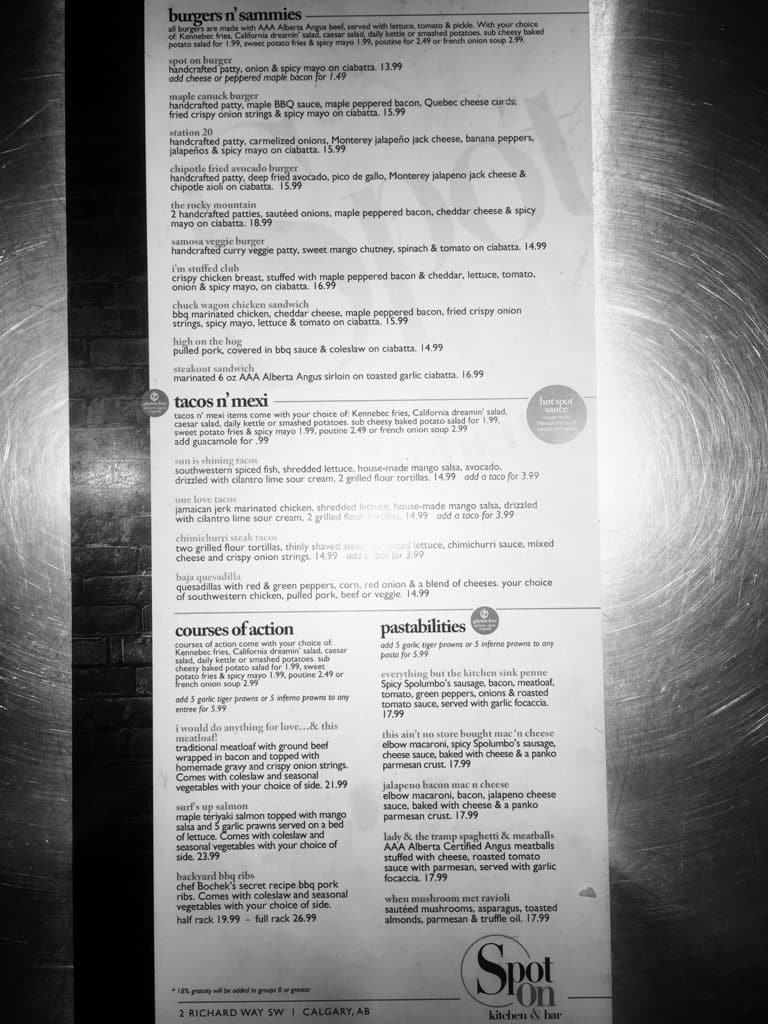 Spot On Kitchen & Bar Menu Urbanspoon/Zomato