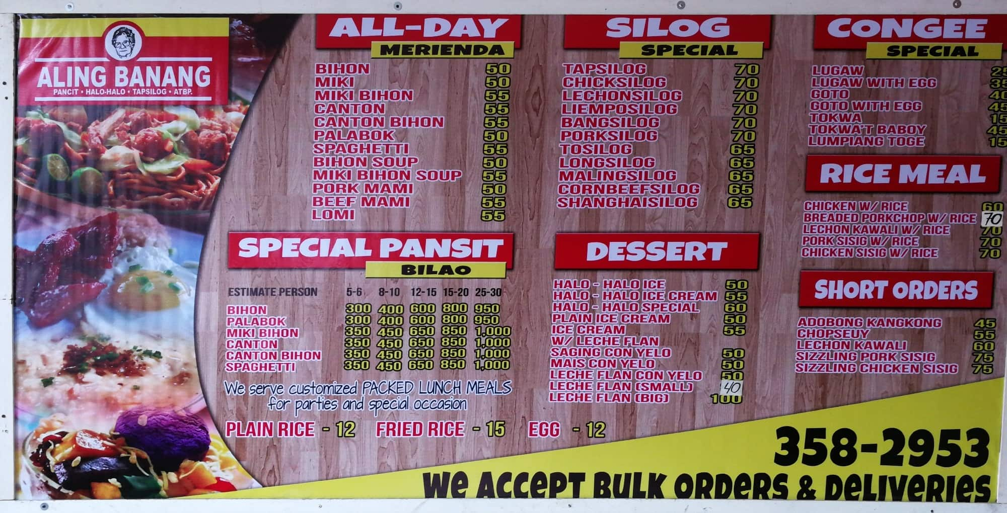 Aling Banang Menu, Menu for Aling Banang, Manggahan, Pasig City