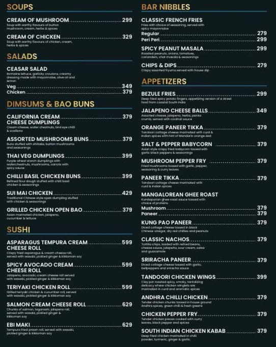 Menu of Omega IX Cocktail Bar And Global Kitchen, Sahakara Nagar, Bangalore