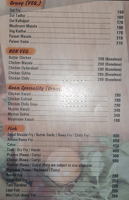 Menu of City Pride Restaurant, Panaji, Goa