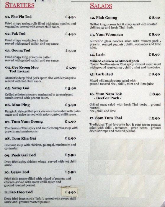 Kaosarn Menu Menu For Kaosarn Brixton London