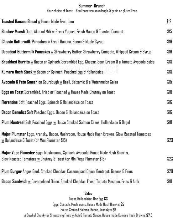 Plum Cafe Menu, Menu for Plum Cafe, Te Aro, Wellington City Menumania