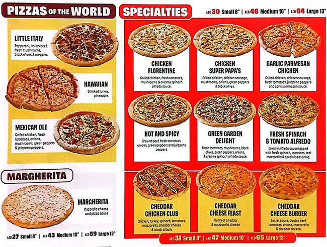 Menu of Papa Johns Pizza, Meshairef, Ajman