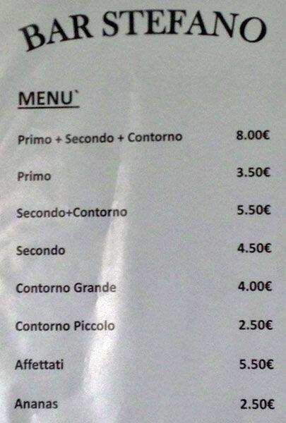 Menu di Bar Stefano 