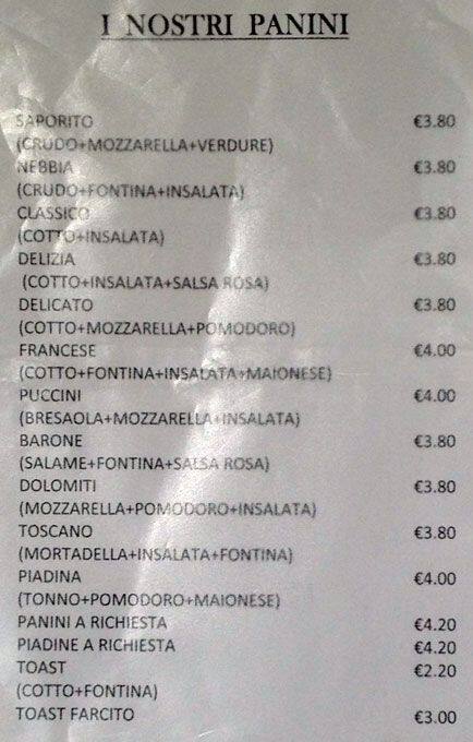Menu di Bar Stefano 