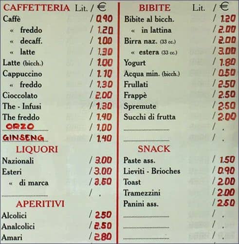 Menu di Snack Bar Piazza Augusto Lorenzini 15 