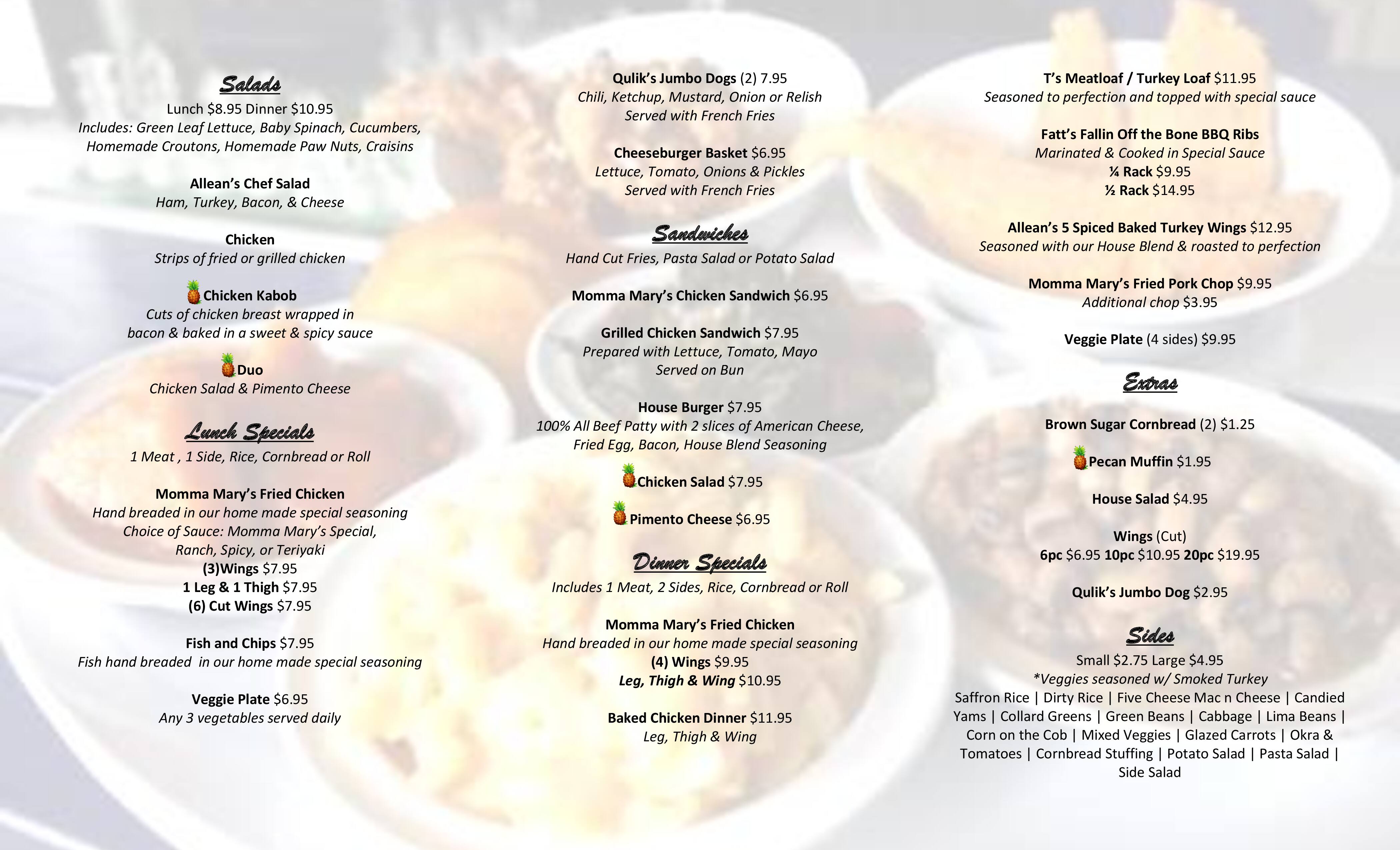 Allean S Southern Cuisine Menu