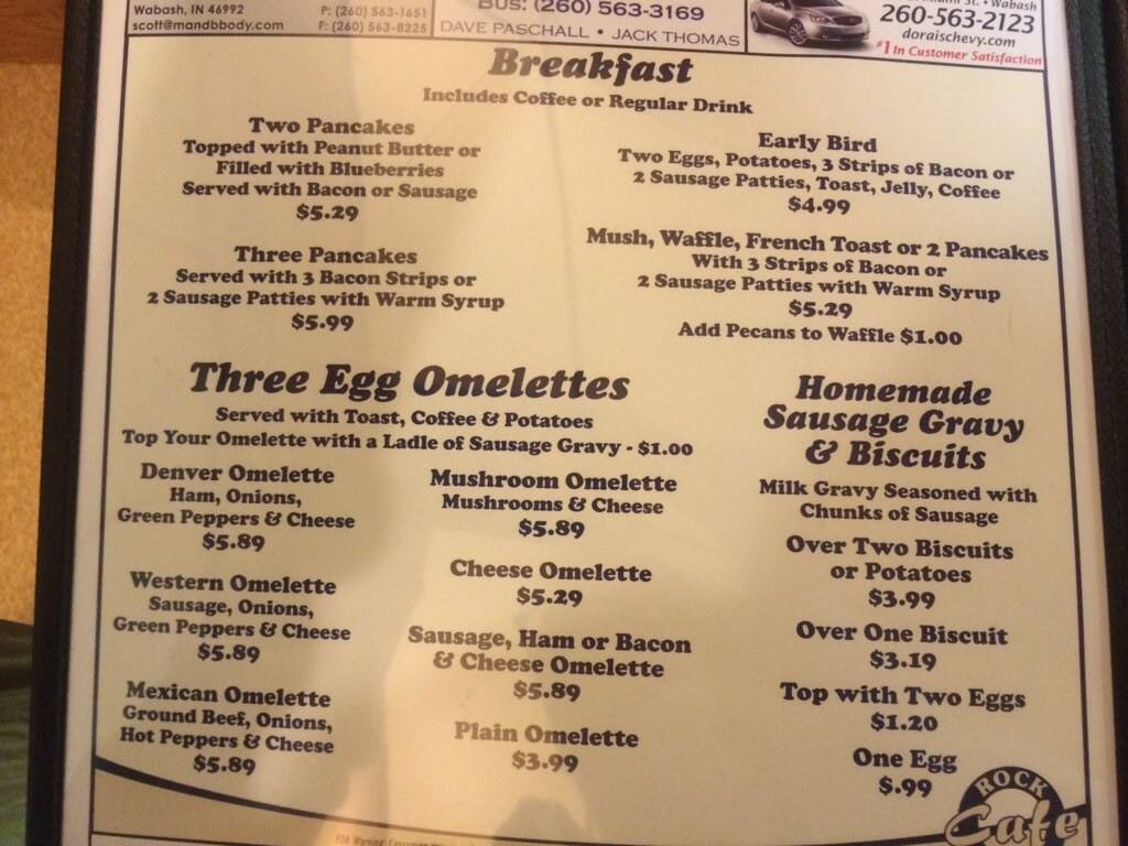 Rock City Cafe Menu, Menu for Rock City Cafe, Wabash, Wabash