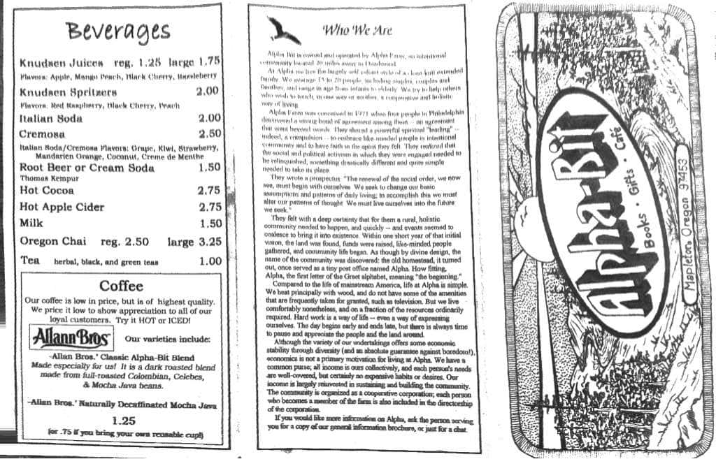 Menu at AlphaBit cafe, Mapleton