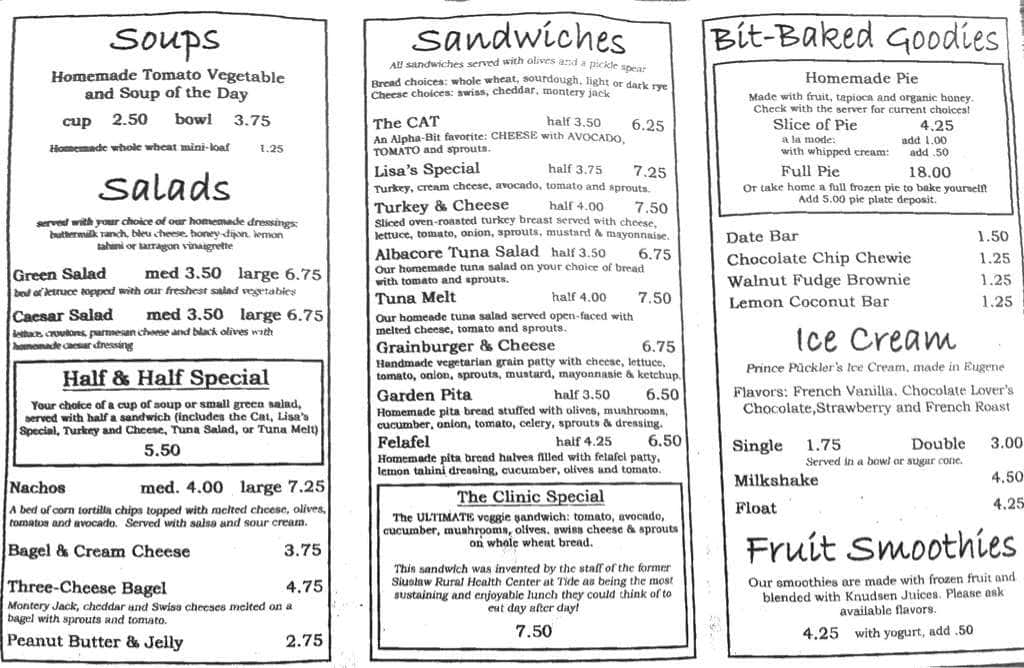 Menu at AlphaBit cafe, Mapleton