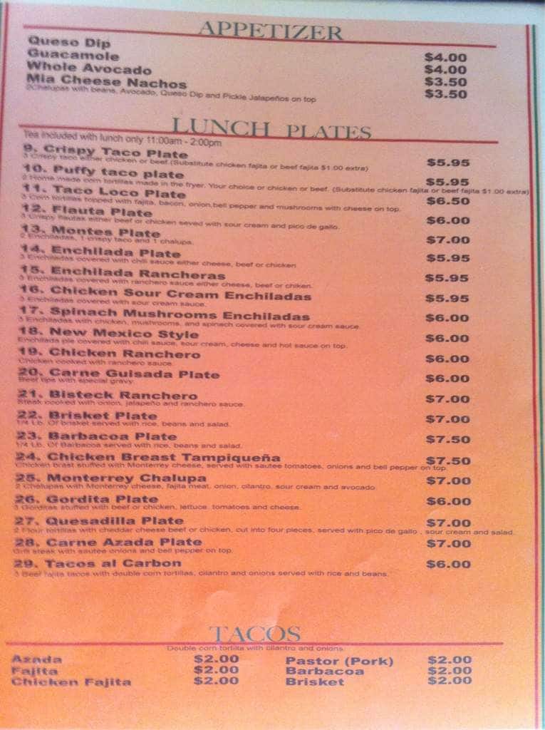 Menu at Montes Breakfast Burritos restaurant, Granbury