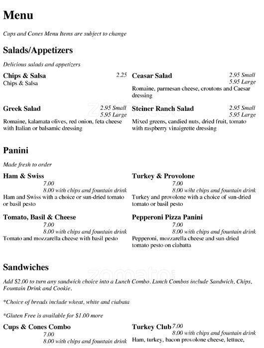 Cups & Cones Menu, Menu for Cups & Cones, Lake Travis Area, Austin