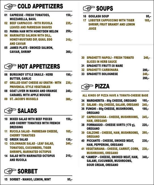 Steak Grill James Menu, Menu podniku Steak Grill James, Karlovy Vary