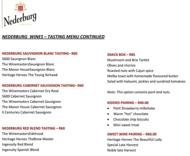 Menu At Nederburg Wines Pub And Bar Paarl