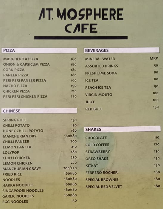 Menu of Atmosphere Cafe Paschim Vihar New Delhi