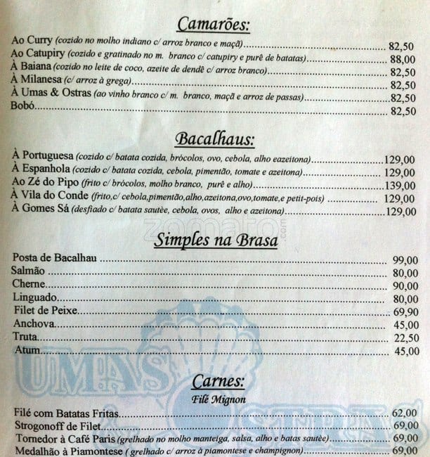 Umas e Ostras cardápio