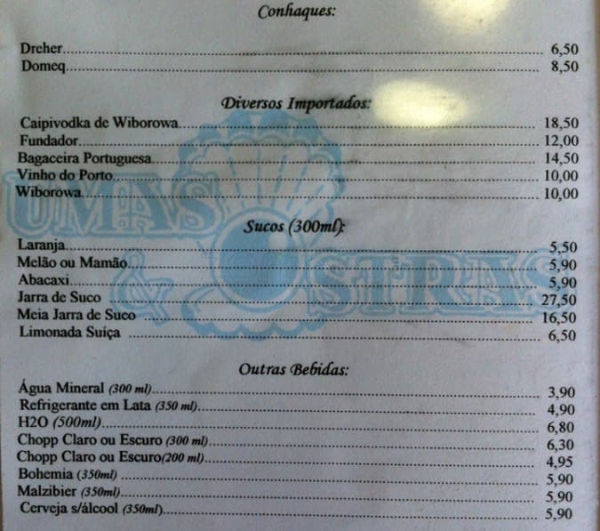 Umas e Ostras cardápio