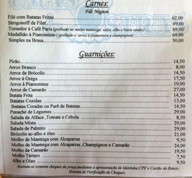 Umas e Ostras cardápio