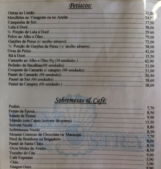 Umas e Ostras cardápio