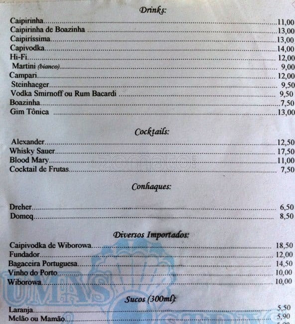 Umas e Ostras cardápio