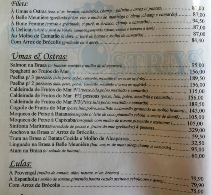 Umas e Ostras cardápio